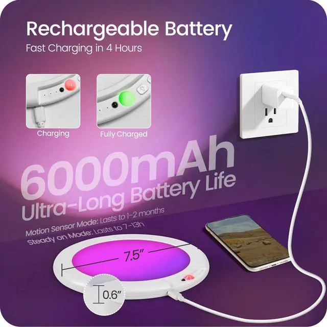 Alt view image 5 of 7 - Motion Sensor Rechargeable Shower Light for Inside Shower with Remote, RGBW Battery Operated Ceiling Light, Wireless, Color-Changing Ambient Light, Warm-to-Cool Whites, Dimmable, Timer, Magnetic