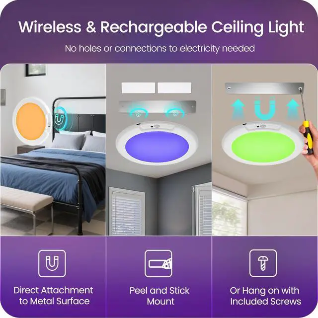 Alt view image 4 of 7 - Motion Sensor Rechargeable Shower Light for Inside Shower with Remote, RGBW Battery Operated Ceiling Light, Wireless, Color-Changing Ambient Light, Warm-to-Cool Whites, Dimmable, Timer, Magnetic