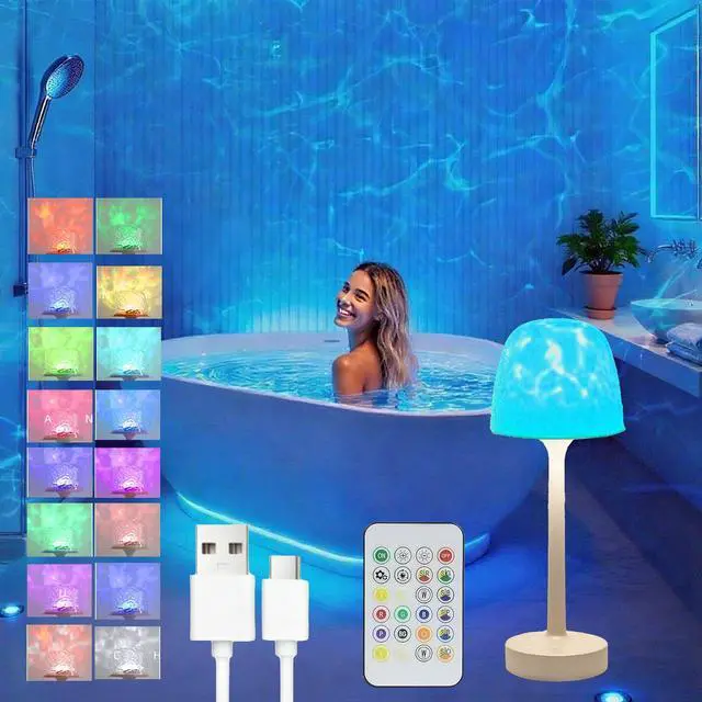 Main image of Shower Lamp Waterproof, Rechargeable Inside Bathroom Shower Light 16 Color Ocean Wave Projector with Remote, 3 Color Temperature, Dimmable Table Lamp for Bathtub Bedroom, Game Room Parties