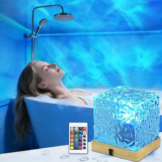 Main image of Spa Like Shower Lamp,Rechargeable Shower Light 16 Color Changeable Ocean Wave Projector Lamp, Dimmable Waterproof Shower Lamp with Remote, Rotating Cube Water Ripple Lamp for Bath