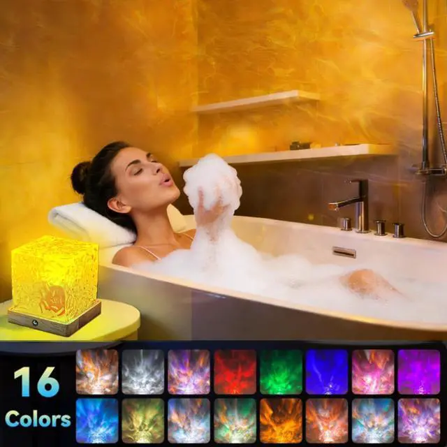 Alt view image 4 of 6 - Spa Like Shower Lamp,Rechargeable Shower Light 16 Color Changeable Ocean Wave Projector Lamp, Dimmable Waterproof Shower Lamp with Remote, Rotating Cube Water Ripple Lamp for Bath