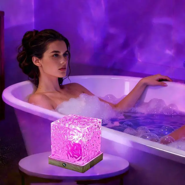 Alt view image 3 of 6 - Spa Like Shower Lamp,Rechargeable Shower Light 16 Color Changeable Ocean Wave Projector Lamp, Dimmable Waterproof Shower Lamp with Remote, Rotating Cube Water Ripple Lamp for Bath