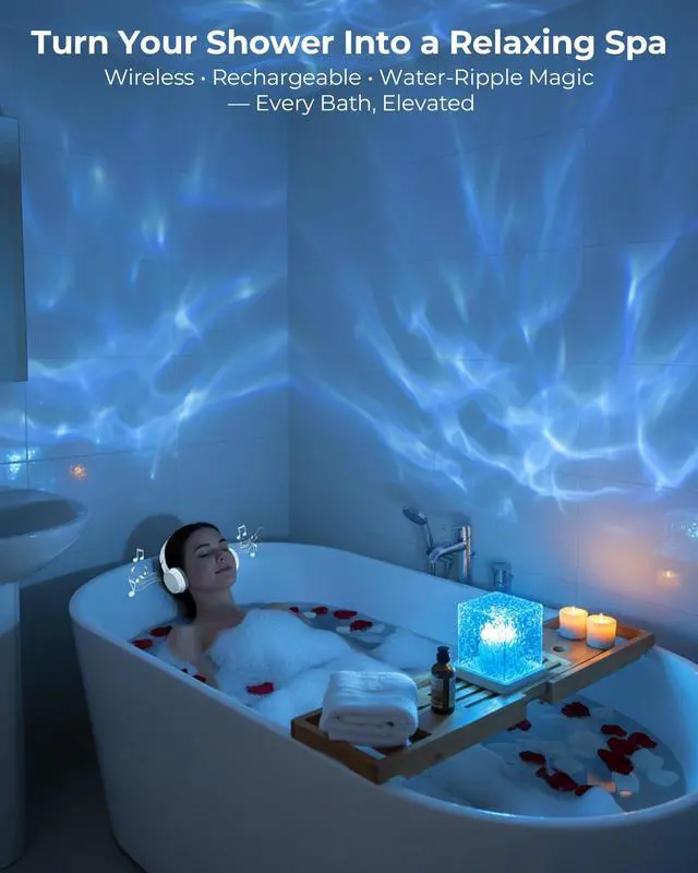 Alt view image 2 of 7 - Rechargeable Shower Light No Wiring, 16 Color Ocean Wave Projector Light Cordless, Waterproof Shower Mood light with Remote, Bathtub Lights for Relaxing Spa, Water Ripple Projector for Bathroom Decor