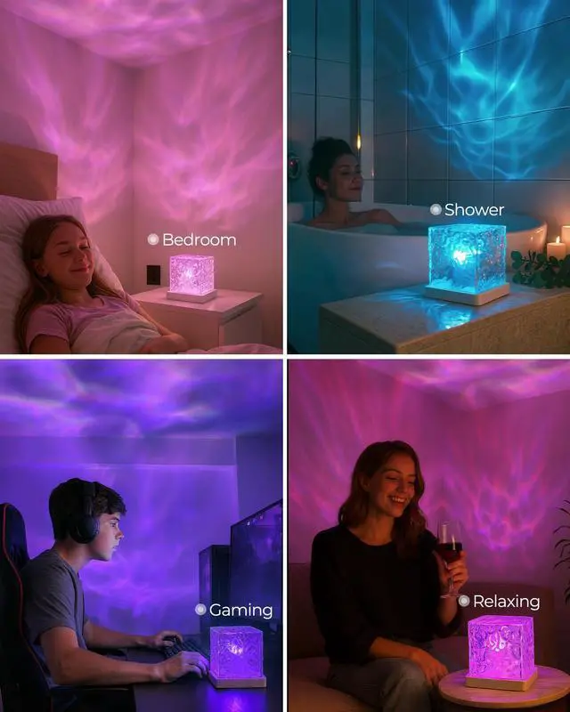Alt view image 7 of 7 - Rechargeable Shower Light No Wiring, 16 Color Ocean Wave Projector Light Cordless, Waterproof Shower Mood light with Remote, Bathtub Lights for Relaxing Spa, Water Ripple Projector for Bathroom Decor