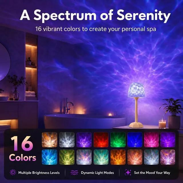 Alt view image 3 of 6 - Waterproof Shower Lamp for Inside Shower with 16 Color Ocean Wave Projector, Rechargeable Cordless Bathroom Light with Touch & Remote Control for Bathtub, Bathroom, Bedroom