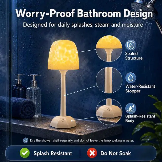 Alt view image 4 of 6 - Waterproof Shower Lamp for Inside Shower with 16 Color Ocean Wave Projector, Rechargeable Cordless Bathroom Light with Touch & Remote Control for Bathtub, Bathroom, Bedroom