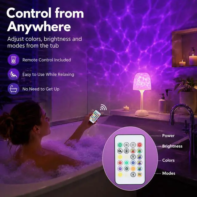 Alt view image 6 of 6 - Waterproof Shower Lamp for Inside Shower with 16 Color Ocean Wave Projector, Rechargeable Cordless Bathroom Light with Touch & Remote Control for Bathtub, Bathroom, Bedroom