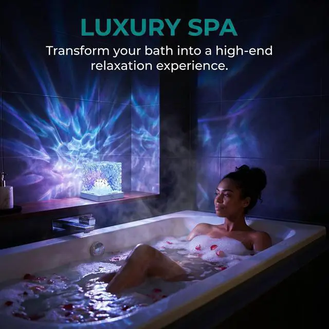 Alt view image 5 of 7 - Waterproof Shower Light for Inside Bathroom, Rechargeable Cube Shape Kids Shower Lamp, RGBW 13 Color Changing Bathtub Lamp with Remote Ocean Wave Projector Mood Night Lighting