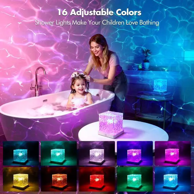 Alt view image 3 of 7 - Shower Light No Wiring, Rechargeable 16 Color Ocean Wave Projector Light, Dimmable Waterproof Shower Lamp with Remote, Ocean Lamp for Shower, Bathroom Night Light, Birthday Gifts for Girl