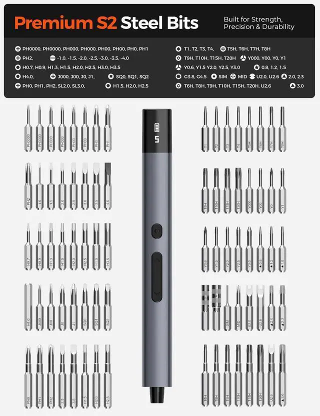 Alt view image 5 of 7 - Electric Precision Screwdriver Set, 80 Magnetic Bits, Max 0.75N.m Torque, Mini Electric Screwdriver with 5 Torque Levels, Cordless Repair Tool for Electronics, PC Build, Laptop, Phone and Camera