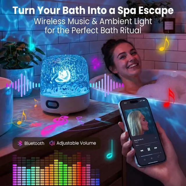 Alt view image 3 of 7 - Shower Lamp Waterproof with Bluetooth Speaker, SPA-Like Ocean Shower Light with White Noise and 16 Color Wave Projector for Inside Shower&Bathtub, Remote Control, Gift for your partner or relatives
