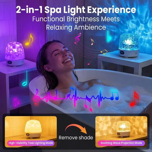 Alt view image 2 of 7 - Shower Lamp Waterproof with Bluetooth Speaker, SPA-Like Ocean Shower Light with White Noise and 16 Color Wave Projector for Inside Shower&Bathtub, Remote Control, Gift for your partner or relatives