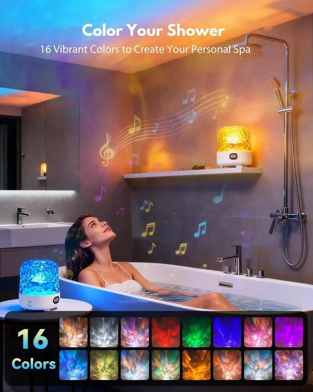 Alt view image 5 of 7 - Shower Light with Bluetooth Speaker, Waterproof Shower Lamp with White Noise, 16 Colors Ocean Wave Projector Light with Remote & Touch Control, Music Lamps for Inside Shower Bathroom Bathtub