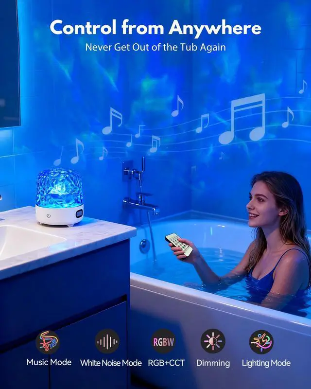Alt view image 7 of 7 - Shower Light with Bluetooth Speaker, Waterproof Shower Lamp with White Noise, 16 Colors Ocean Wave Projector Light with Remote & Touch Control, Music Lamps for Inside Shower Bathroom Bathtub