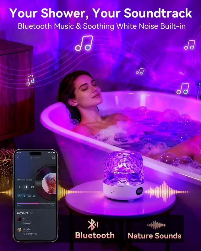Alt view image 2 of 7 - Shower Light with Bluetooth Speaker, Waterproof Shower Lamp with White Noise, 16 Colors Ocean Wave Projector Light with Remote & Touch Control, Music Lamps for Inside Shower Bathroom Bathtub