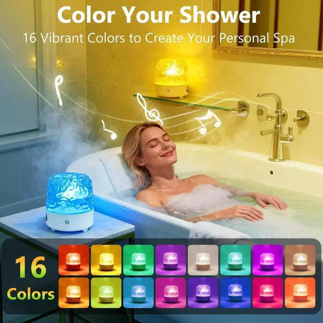 Alt view image 2 of 7 - Spa-Like Shower Lamp with Bluetooth Speaker,Waterproof 16-Color Ocean Wave Projector Light, Rechargeable Bathroom Lamp with Touch&Remote Control,Cordless Light for Inside Shower/Bathtub