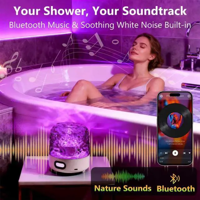 Alt view image 5 of 7 - Spa-Like Shower Lamp with Bluetooth Speaker,Waterproof 16-Color Ocean Wave Projector Light, Rechargeable Bathroom Lamp with Touch&Remote Control,Cordless Light for Inside Shower/Bathtub