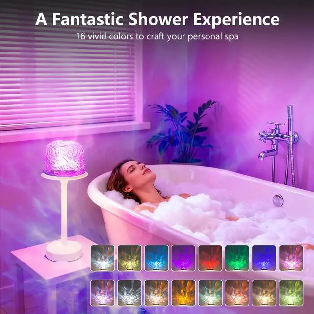 Alt view image 2 of 7 - Waterproof Shower Lamp, Spa-Like Shower Light with 16 RGB Color Ocean Wave Projector with Touch & Remote Control, Cordless Rechargeable Bathroom Lamp for Inside Shower/Bathtub/Bedroom/Outdoor