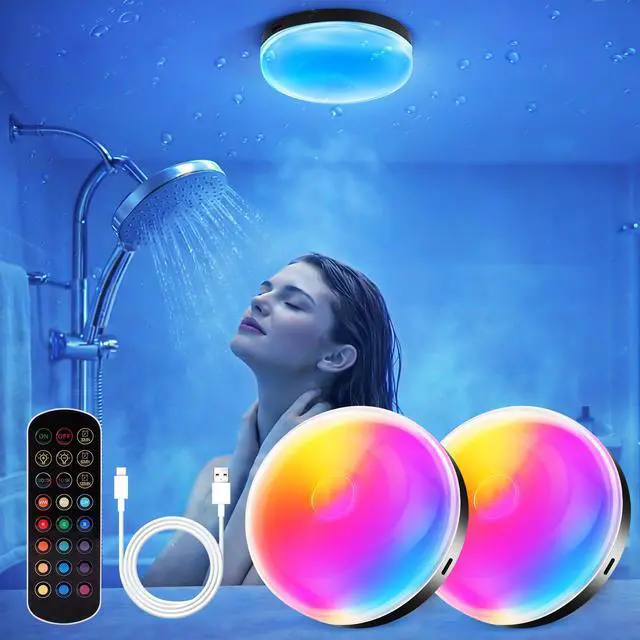 Main image of Waterproof Shower Light for Inside Shower, 15 Colors Rechargeable Shower Lights with Remote Timer Dimmable, LED Bathroom Mood Lighting, Magnetic Wireless Ceiling Light for Shower Closet Bedroom,2 Pack