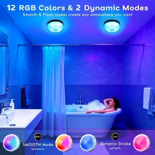 Alt view image 2 of 7 - Waterproof Shower Light for Inside Shower, 15 Colors Rechargeable Shower Lights with Remote Timer Dimmable, LED Bathroom Mood Lighting, Magnetic Wireless Ceiling Light for Shower Closet Bedroom,2 Pack