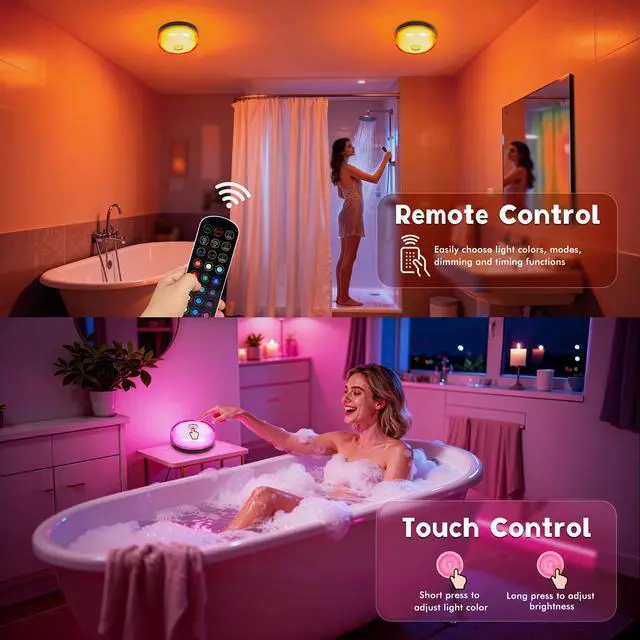 Alt view image 4 of 7 - Waterproof Shower Light for Inside Shower, 15 Colors Rechargeable Shower Lights with Remote Timer Dimmable, LED Bathroom Mood Lighting, Magnetic Wireless Ceiling Light for Shower Closet Bedroom,2 Pack
