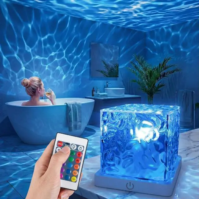 Main image of Rechargeable Ocean Wave Projector Light, 16 Color Changeable & Dimmable Shower Lamp with Remote, Cube Mood Ambient Lighting, Ocean Room Decor, Cordless Night Light for Bathroom, Room Decor