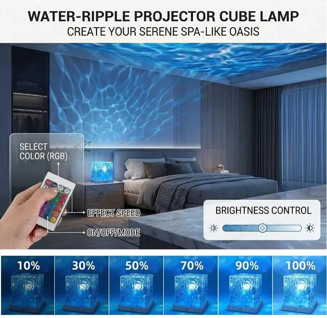 Alt view image 4 of 7 - Rechargeable Ocean Wave Projector Light, 16 Color Changeable & Dimmable Shower Lamp with Remote, Cube Mood Ambient Lighting, Ocean Room Decor, Cordless Night Light for Bathroom, Room Decor