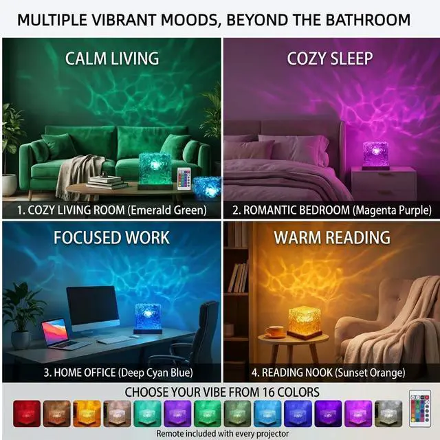 Alt view image 7 of 7 - Rechargeable Ocean Wave Projector Light, 16 Color Changeable & Dimmable Shower Lamp with Remote, Cube Mood Ambient Lighting, Ocean Room Decor, Cordless Night Light for Bathroom, Room Decor
