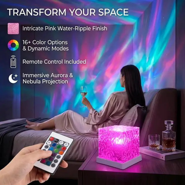 Alt view image 5 of 7 - Rechargeable Ocean Wave Projector Light, 16 Color Changeable & Dimmable Shower Lamp with Remote, Cube Mood Ambient Lighting, Ocean Room Decor, Cordless Night Light for Bathroom, Room Decor