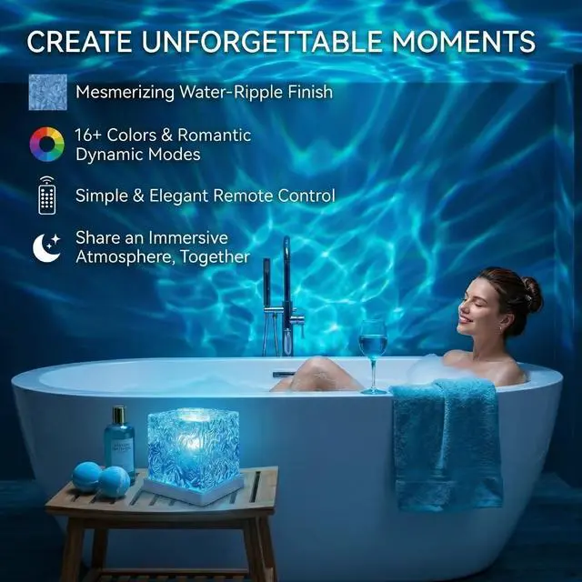 Alt view image 2 of 7 - Rechargeable Ocean Wave Projector Light, 16 Color Changeable & Dimmable Shower Lamp with Remote, Cube Mood Ambient Lighting, Ocean Room Decor, Cordless Night Light for Bathroom, Room Decor