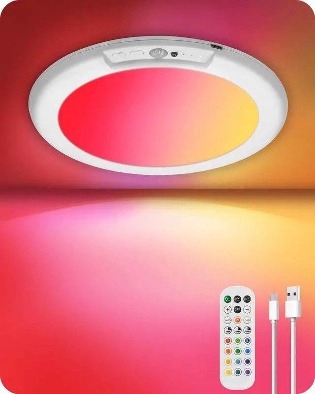 Main image of Motion Sensor Rechargeable Shower Light for Inside Shower with Remote, RGBW Battery Operated Ceiling Light, Wireless, Color-Changing Ambient Light, Warm-to-Cool Whites, Dimmable, Timer, Magnetic