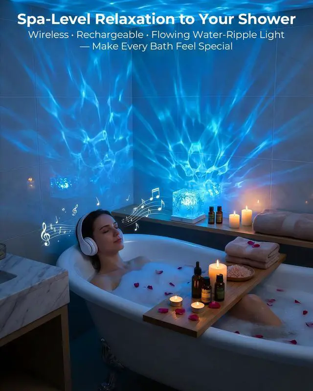 Alt view image 2 of 7 - Rechargeable Shower Light No Wiring, 16 Color Changing Ocean Wave Lamp Projector, Waterproof Shower Mood Light Cube with Remote, Bathroom Mood Lighting, Bathtub Lights for Relaxing Spa, Bath, Bedroom