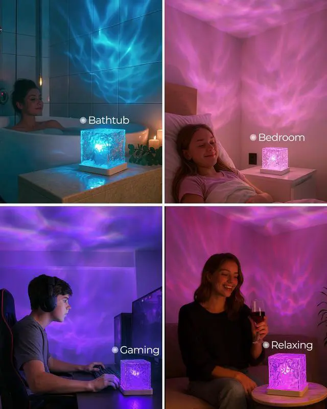 Alt view image 7 of 7 - Rechargeable Shower Light No Wiring, 16 Color Changing Ocean Wave Lamp Projector, Waterproof Shower Mood Light Cube with Remote, Bathroom Mood Lighting, Bathtub Lights for Relaxing Spa, Bath, Bedroom