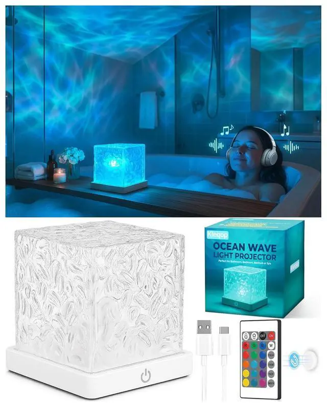 Main image of Rechargeable Shower Light No Wiring, 16 Color Ocean Wave Projector Light Cordless, Waterproof Shower Mood light with Remote, Bathtub Lights for Relaxing Spa, Water Ripple Projector for Bathroom Decor