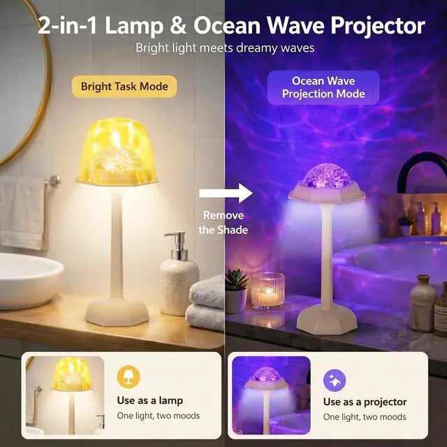 Alt view image 2 of 6 - Waterproof Shower Lamp for Inside Shower with 16 Color Ocean Wave Projector, Rechargeable Cordless Bathroom Light with Touch & Remote Control for Bathtub, Bathroom, Bedroom