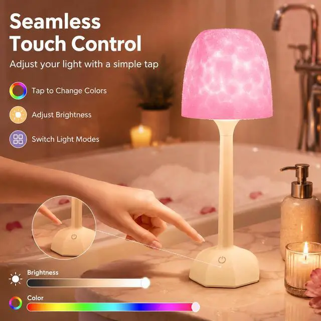Alt view image 5 of 6 - Waterproof Shower Lamp for Inside Shower with 16 Color Ocean Wave Projector, Rechargeable Cordless Bathroom Light with Touch & Remote Control for Bathtub, Bathroom, Bedroom