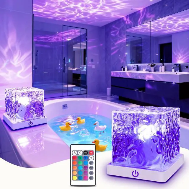 Main image of Waterproof Shower Light for Inside Bathroom, Rechargeable Cube Shape Kids Shower Lamp, RGBW 13 Color Changing Bathtub Lamp with Remote Ocean Wave Projector Mood Night Lighting