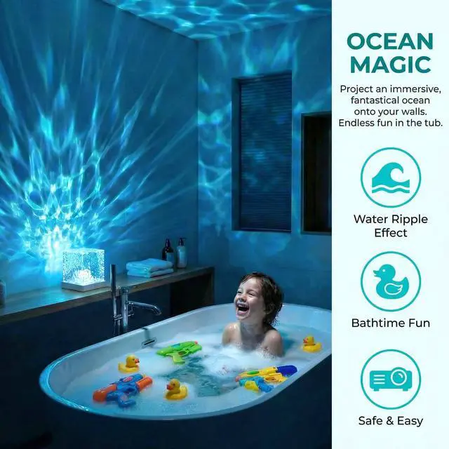 Alt view image 2 of 7 - Waterproof Shower Light for Inside Bathroom, Rechargeable Cube Shape Kids Shower Lamp, RGBW 13 Color Changing Bathtub Lamp with Remote Ocean Wave Projector Mood Night Lighting