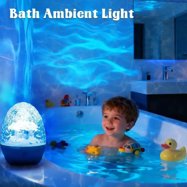 Alt view image 2 of 7 - Waterproof Shower Light for Inside Bathroom, Egg-Shape Rechargeable Kids Bath Light, RGBW 13 Color Changing Shower Lamp Ocean Wave Projector Mood Night Lighting
