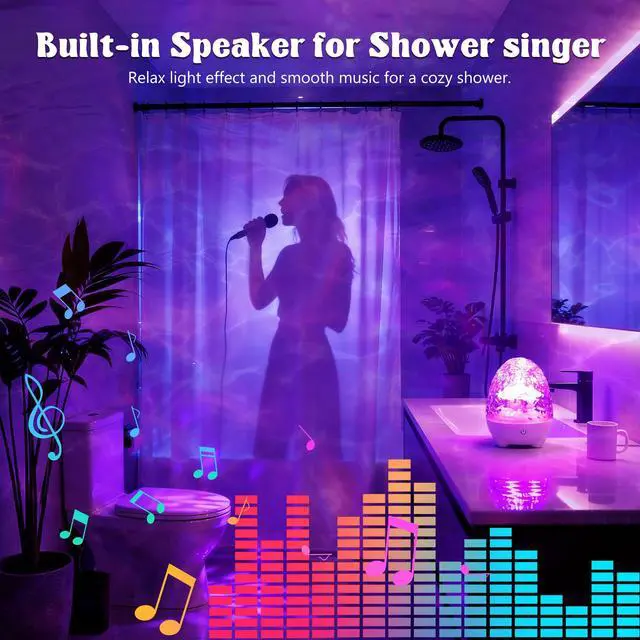 Alt view image 6 of 7 - Waterproof Shower Light for Inside Bathroom, Egg-Shape Rechargeable Kids Bath Light, RGBW 13 Color Changing Shower Lamp Ocean Wave Projector Mood Night Lighting