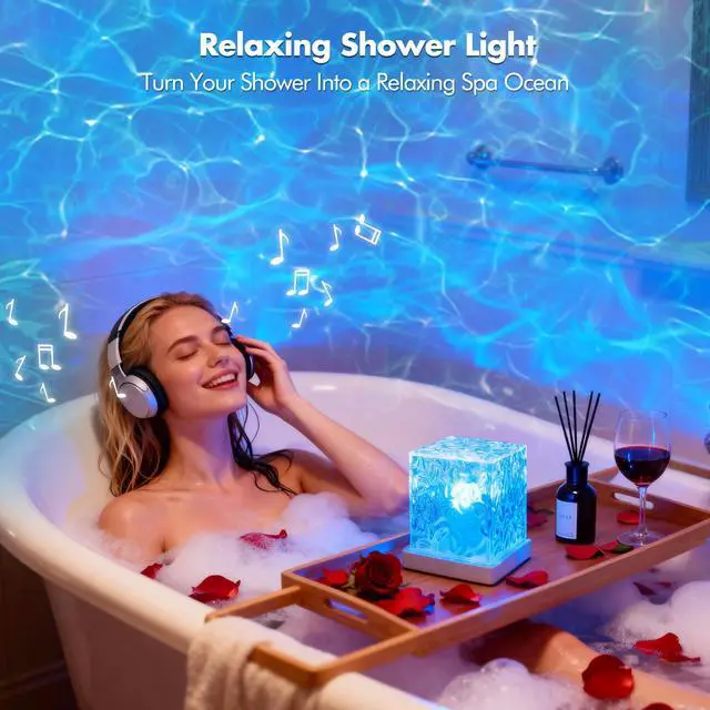 Alt view image 2 of 7 - Shower Light No Wiring, Rechargeable 16 Color Ocean Wave Projector Light, Dimmable Waterproof Shower Lamp with Remote, Ocean Lamp for Shower, Bathroom Night Light, Birthday Gifts for Girl