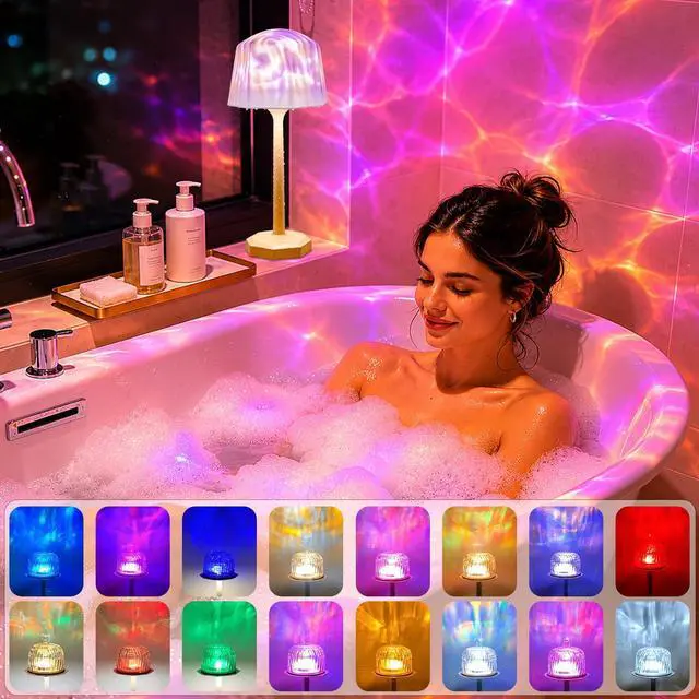 Alt view image 4 of 7 - Waterproof Shower Lamp with 16 Color Ocean Wave Projector,Rechargeable Shower Light with Remote & Touch Control,3 White Modes LED Light,USB-C Cordless Lights for Bathroom,Bedroom,Birthday Gift