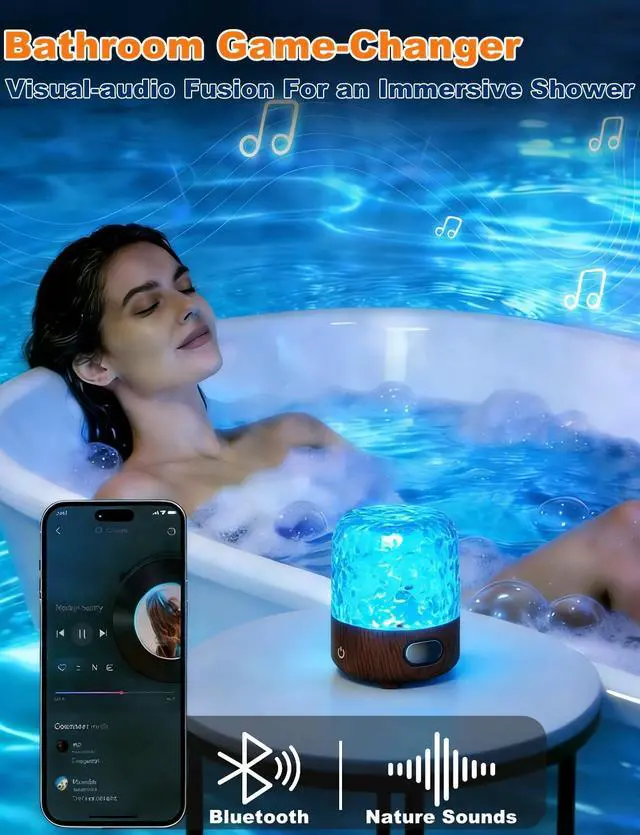Alt view image 2 of 7 - Shower Light with Bluetooth Speaker - 16 Colors Ocean Wave Projector Shower Light with White Noise, Rechargeable Mood Lighting with Remote & Touch Control, Mood Lamp for Bedroom, Yoga, Party Decor