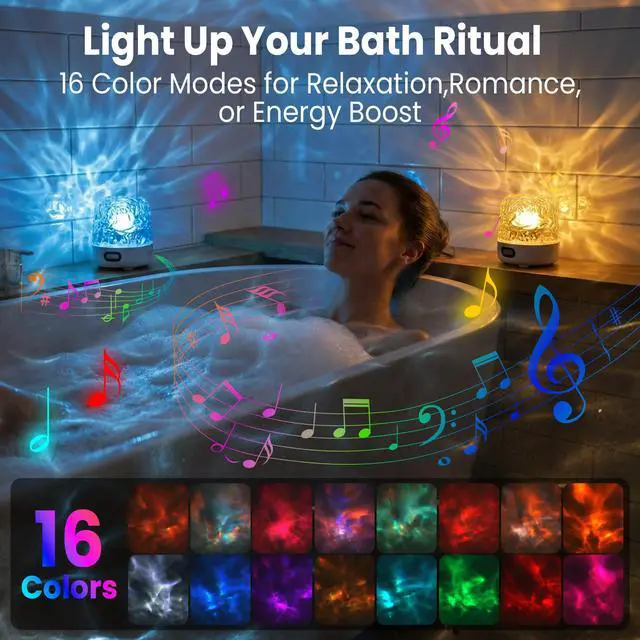 Alt view image 7 of 7 - Shower Lamp Waterproof with Bluetooth Speaker, SPA-Like Ocean Shower Light with White Noise and 16 Color Wave Projector for Inside Shower&Bathtub, Remote Control, Gift for your partner or relatives