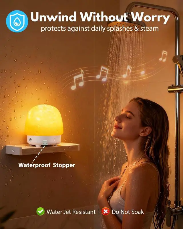 Alt view image 3 of 7 - Shower Light with Bluetooth Speaker, Waterproof Shower Lamp with White Noise, 16 Colors Ocean Wave Projector Light with Remote & Touch Control, Music Lamps for Inside Shower Bathroom Bathtub