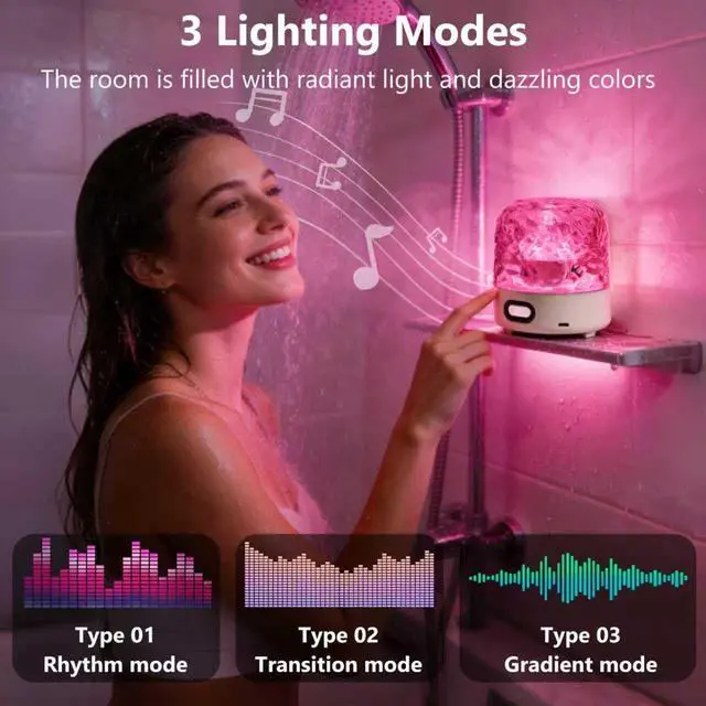 Alt view image 6 of 7 - Spa-Like Shower Lamp with Bluetooth Speaker,Waterproof 16-Color Ocean Wave Projector Light, Rechargeable Bathroom Lamp with Touch&Remote Control,Cordless Light for Inside Shower/Bathtub