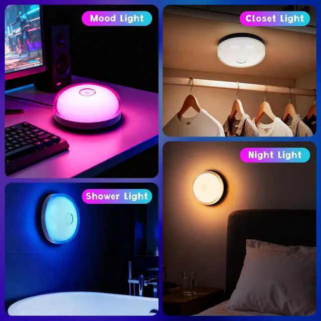 Alt view image 6 of 7 - Waterproof Shower Light for Inside Shower, 15 Colors Rechargeable Shower Lights with Remote Timer Dimmable, LED Bathroom Mood Lighting, Magnetic Wireless Ceiling Light for Shower Closet Bedroom,2 Pack
