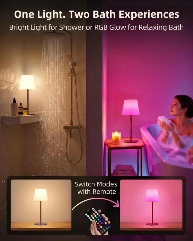 Alt view image 2 of 7 - Spa-Like Shower Lamp Waterproof Bathroom Lamp with Remote, Rechargeable Cordless Mood Light, 3 Color Temps & 80 RGB Colors for Relaxing Bathroom & Bathtub Experience (1 Pack)