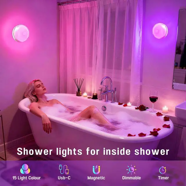 Alt view image 2 of 7 - 4-Pack Shower Light for Inside Shower, 15 RGBW Color Changeable shower Lamp Waterproof with Remote(DimmableTimer), Bathroom Light, Wireless LED Mood Lighting for Bedroom, Closet, Party, Night Light