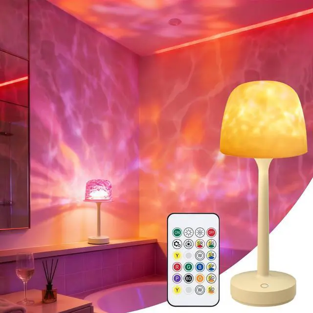 Main image of Waterproof Bathroom Shower Lamp with Ocean Wave Projector, 2-in-1 Table Night Light, 16 RGB Colors, 3 White Modes, 5000mAh Rechargeable USB-C Lamp with Touch & Remote for Spa Shower, Bedroom, Gifts